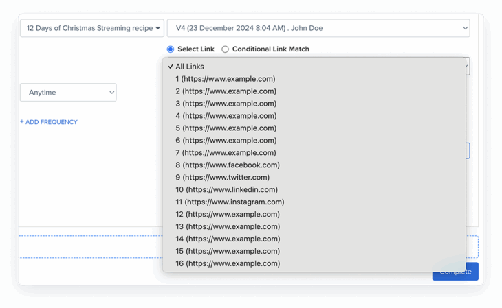 This is a product screenshot of Blueshift’s journey builder, showing link indices in segment dropdown filters to help users identify and select specific links for targeted audience segmentation.