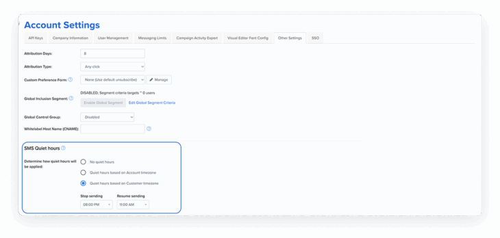 This is a product screenshot of Blueshift’s SMS Quiet Hours settings at the account level, where users can configure default quiet hours to prevent messages from being sent during restricted time periods.