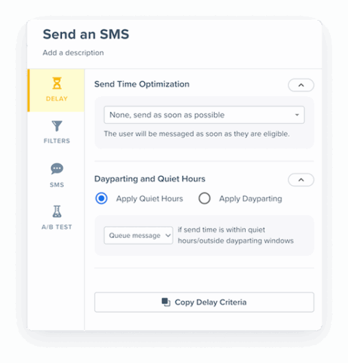 This is a product screenshot of Blueshift’s SMS Quiet Hours feature within a customer journey, showing how message delivery is restricted during predefined time windows to respect user preferences
