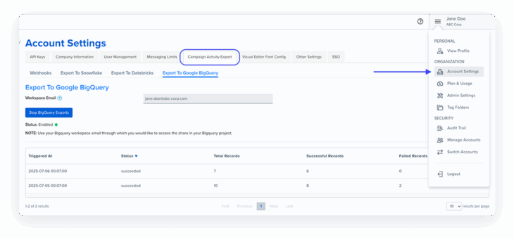 This is a product screenshot of Blueshift’s data export feature, showing the process of exporting customer data to Google BigQuery, with annotations highlighting key configuration steps and fields.