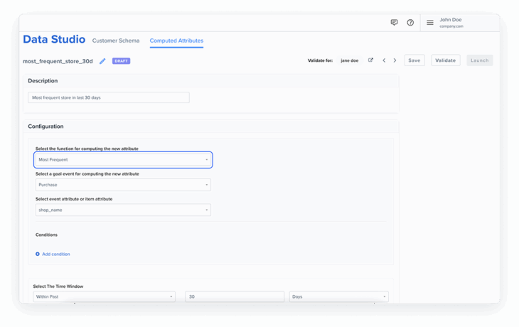 This is a product screenshot of Blueshift’s computed attributes enhancements, annotated to show how users can create and manage dynamic, rule-based attributes for advanced personalization and segmentation.