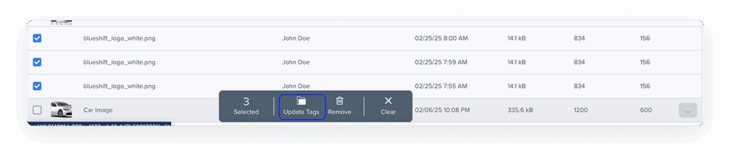 This is a product screenshot of Blueshift’s bulk image tagging interface, enabling users to efficiently organize and manage creative assets by applying tags to multiple images at once.