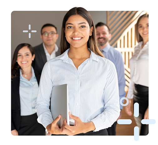 Woman standing with a team behind her