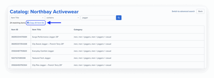 Blueshift interface showing how to copy catalog item IDs, with annotations highlighting the steps