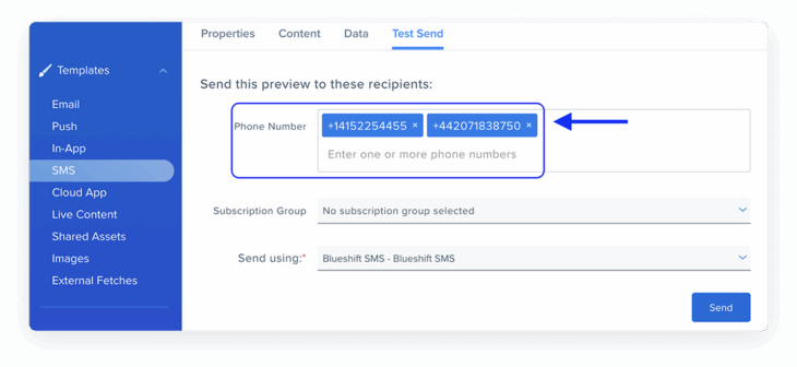 Blueshift interface showing how to run a template test send, with annotations