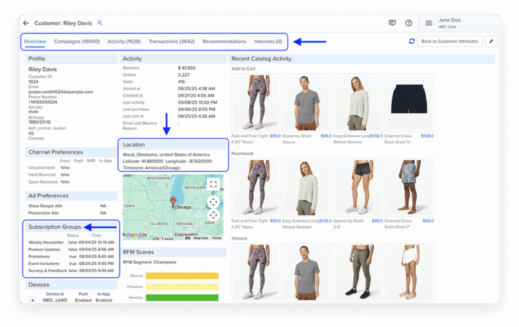 Blueshift interface showing the revamped customer profile with annotations highlighting new features