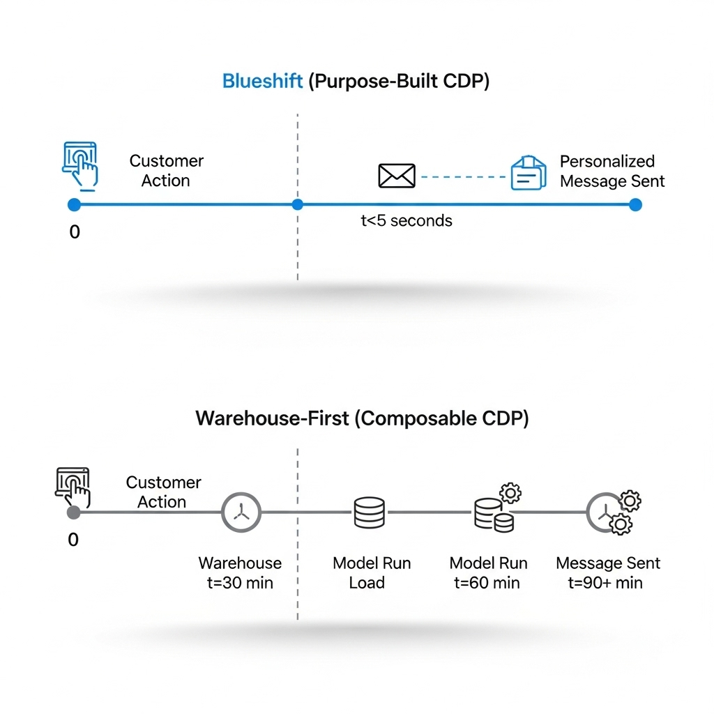 Two timelines compare activation speed. The Purpose-Built CDP responds to a customer action and sends a personalized message in under 5 seconds. The warehouse-first stack requires warehouse load and model runs, so the message sends after 90+ minutes.