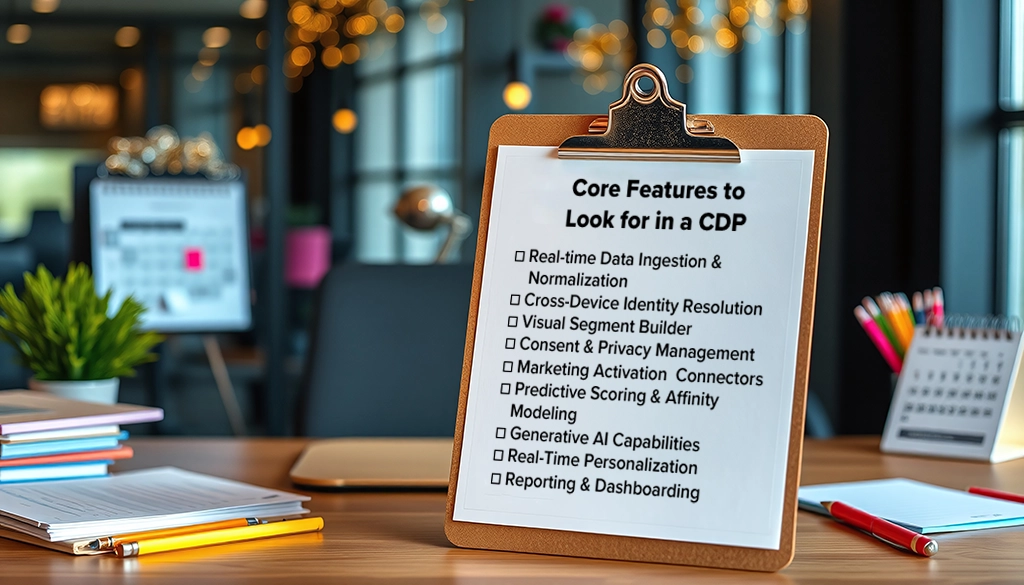 Office scene showing a clipboard titled 'Core Features to Look for in a CDP' with a checklist including real-time data ingestion, identity resolution, visual segment builder, consent management, predictive scoring, generative AI, real-time personalization, and reporting.