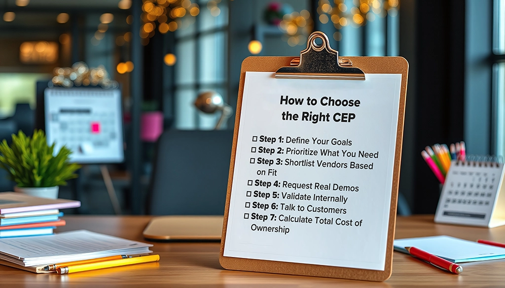 Clipboard on a desk displaying a checklist titled ‘How to Choose the Right CEP,’ with seven steps: Define Your Goals, Prioritize What You Need, Shortlist Vendors Based on Fit, Request Real Demos, Validate Internally, Talk to Customers, and Calculate Total Cost of Ownership.