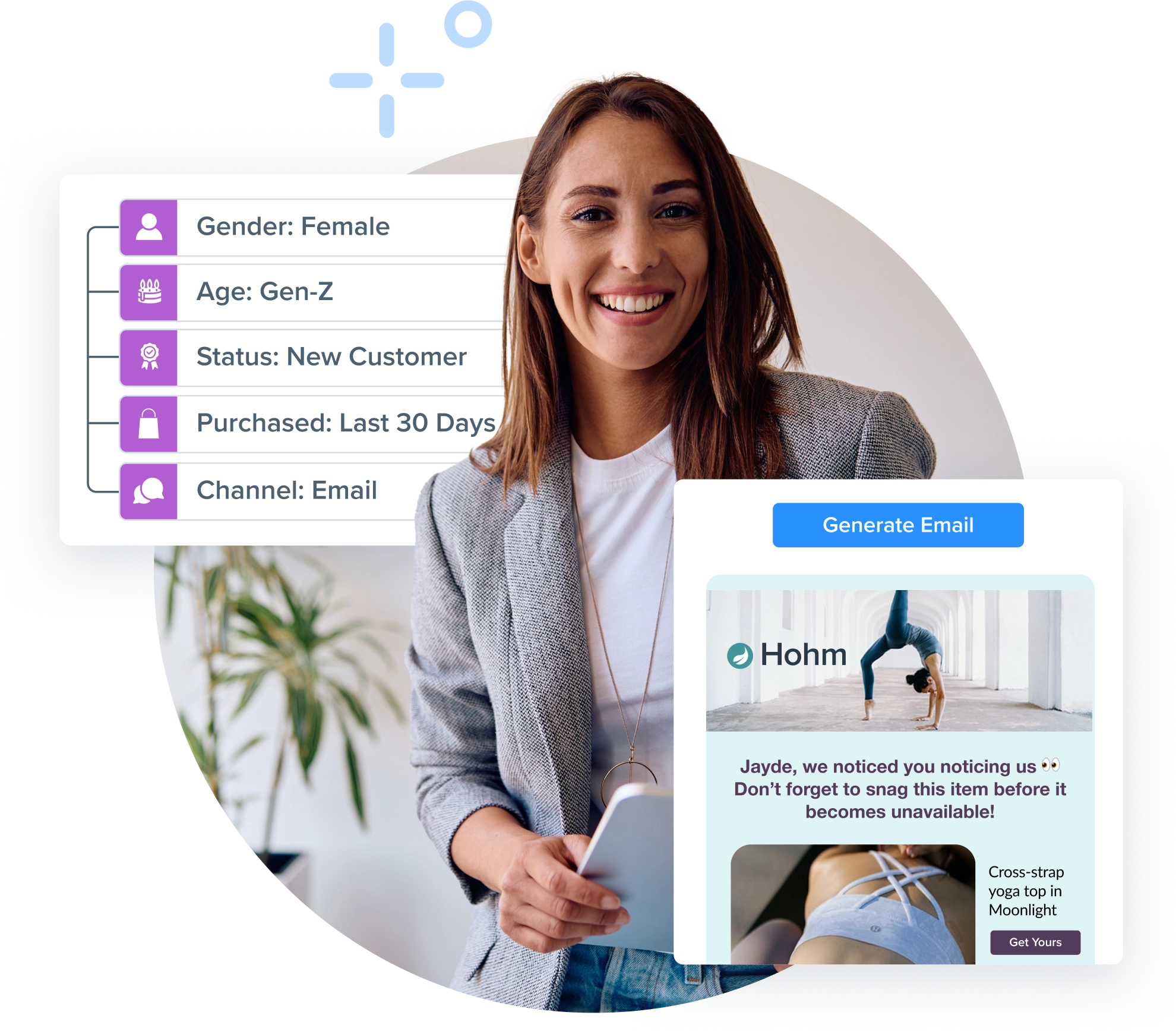 Personalized marketing example showing a Gen-Z female new customer profile with recent purchase history, used to generate a targeted promotional email.